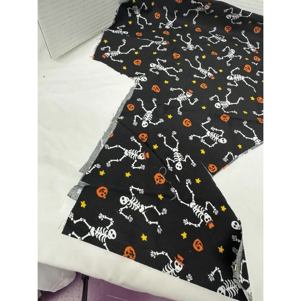 Halloween Cotton Fabric Pieces- Dancing Skeletons & Pumpkins on Black